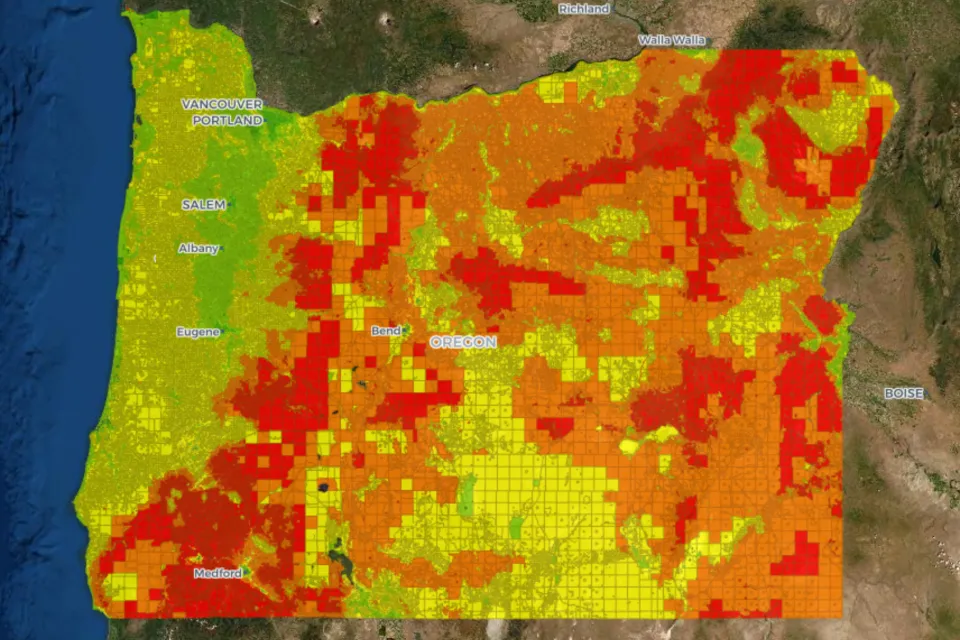 Color-coded map showing wildfire risk in Oregon